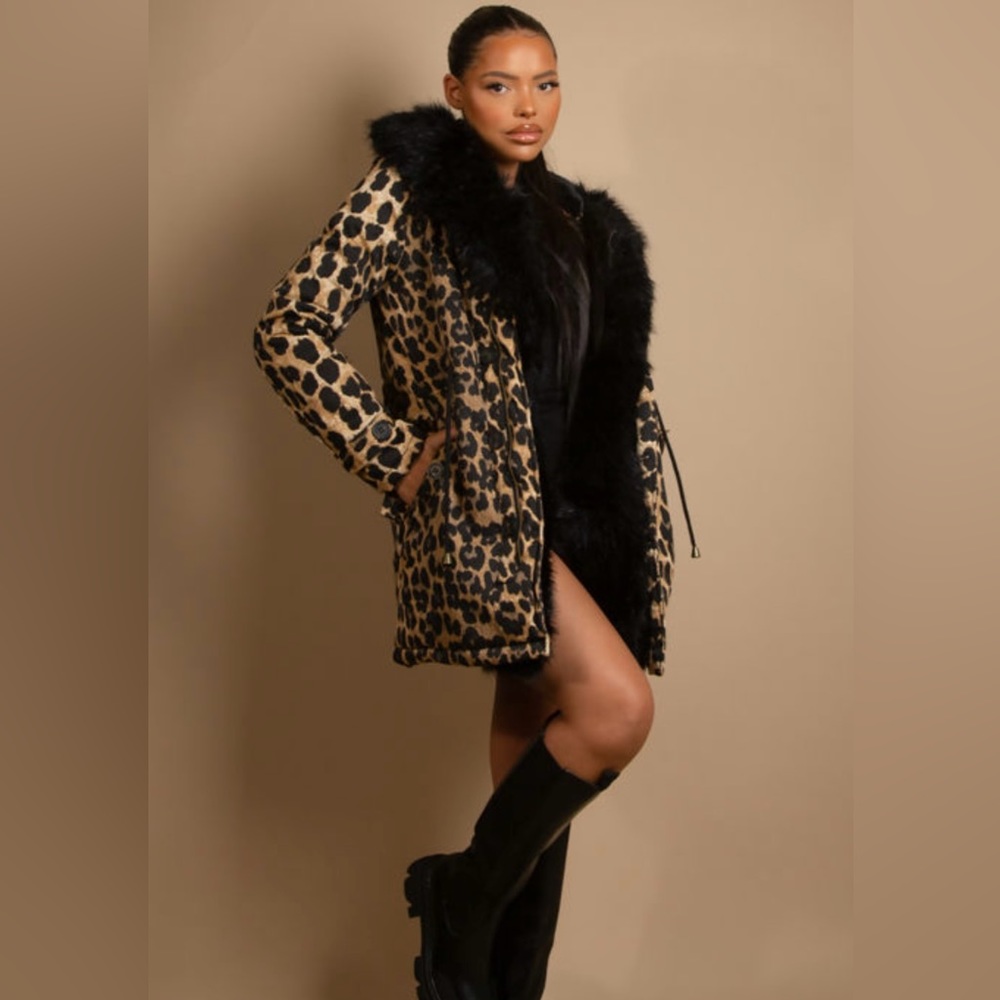 NWT Leopard Print Parka With Faux Fur Trim